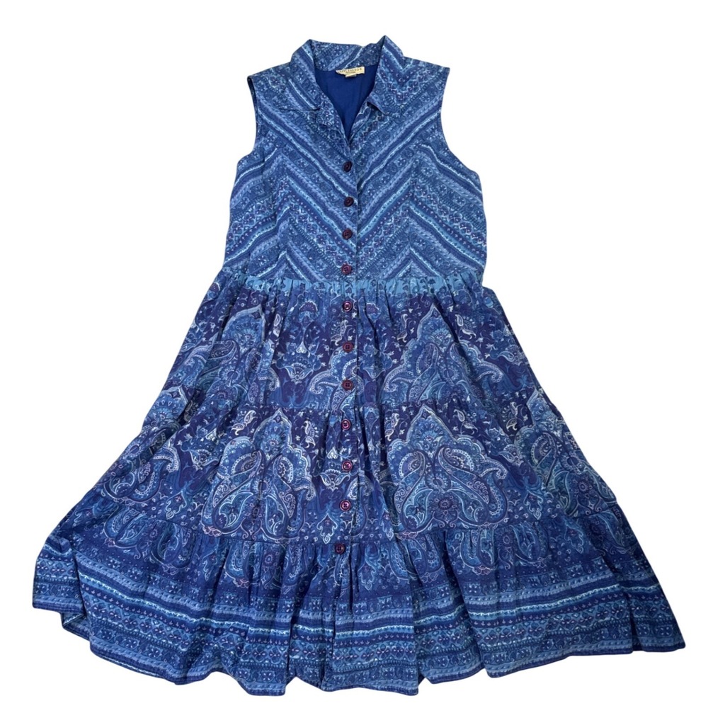 Appleseed's Petites Blue Paisley Tiered Button Front Midi Dress Sleeveless PL